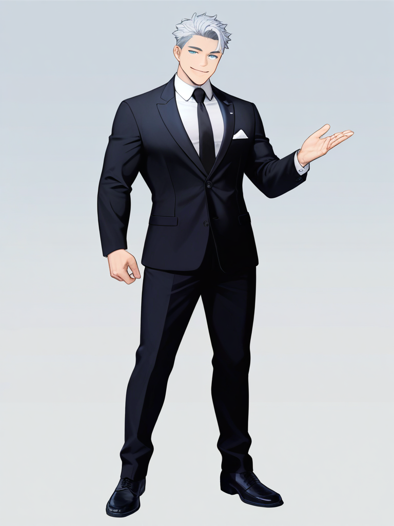 1boy, mature_male, sharp_jawline, silver_hair, confident_smile, tall, elegant_suit, piercing_blue_eyes, charming_expression, single character, full body, looking at viewer, anime style, simple background, white background