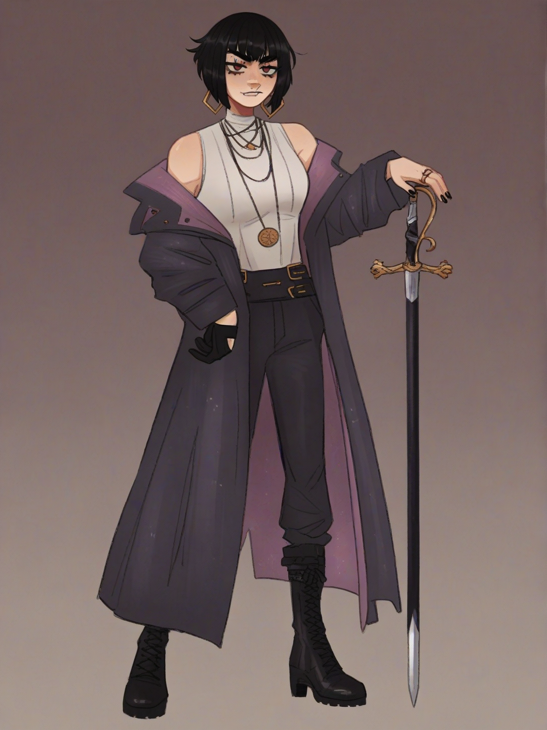 [soft-shaded-moe-style] Depict a woman of average height and build with a sleek, straight black medium lenght bob haircut, featuring a perfectly blunt fringe that fully covers her eyebrows. Her eyes are sharp, intense red, giving off a cold and hostile aura. She wears the LCB uniform in an informal manner: a dark coat draped over her shoulders, no tie, and a single black glove on one hand. On her back rests a long sheathed ōdachi with Japanese inscriptions along the scabbard, its blade never visible. The overall atmosphere should emphasize her dangerous, artistic, and macabre presence, as someone who observes the world with an aesthetic detachment toward violence. Keep the tone tense and slightly sinister to reflect her nature., 5c8f6a9b2edbc91e4eeabf3524f1ffa8 full body