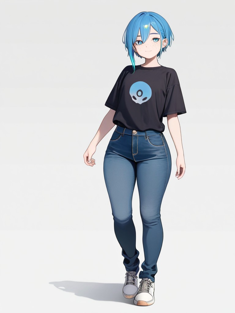 1boy, cyborg, mechanic, mature, athletic, blue hair, blue eyes, freckles, fair skin, t-shirt, jeans, single character, full body, looking at viewer, anime style, simple background, white background