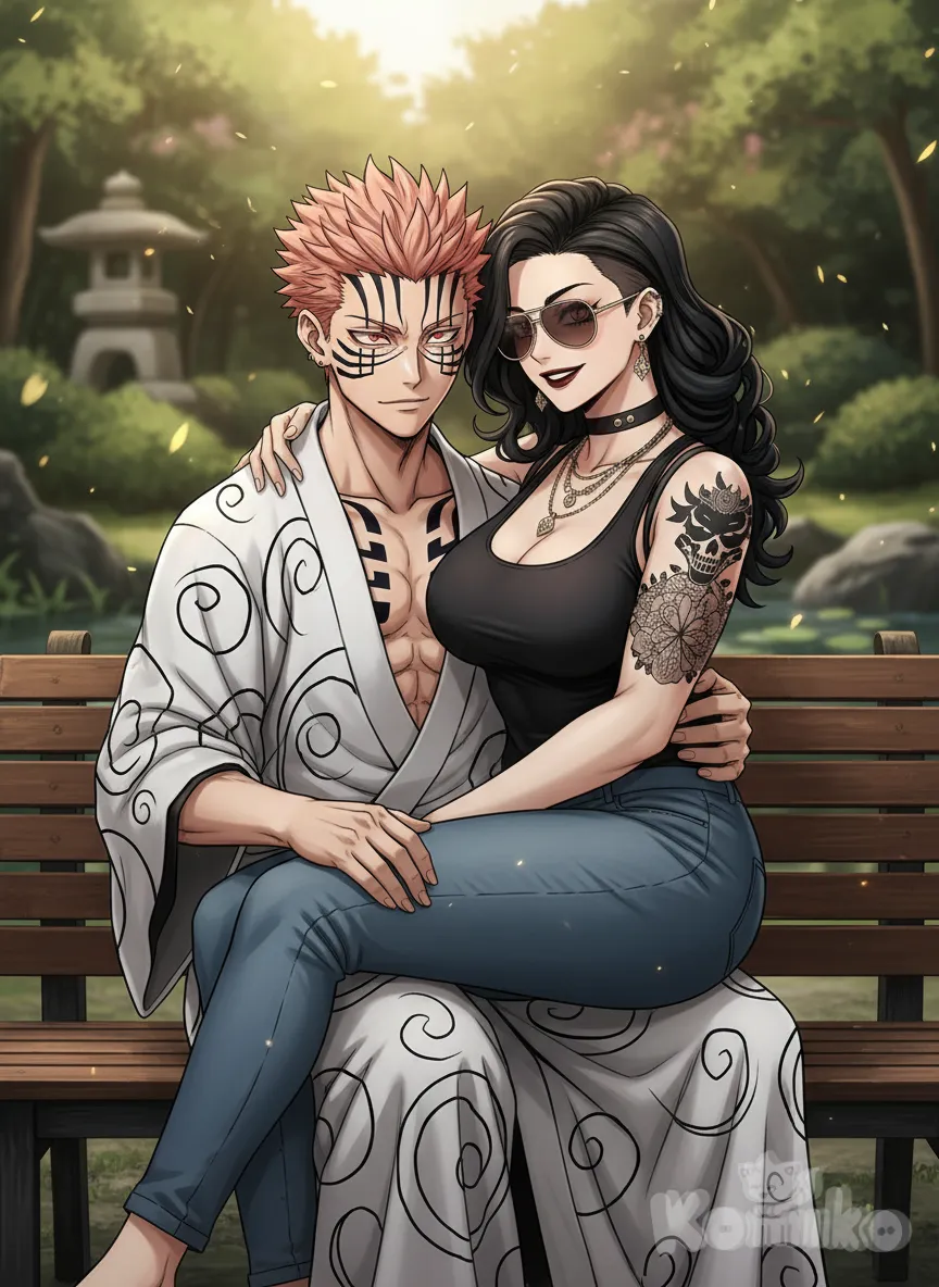 1girl, <addison-NTXV>, Ryoumen Sukuna (Jujutsu Kaisen), 1boy and 1girl, 2people, 3d, sitting on lap, full body, portrait