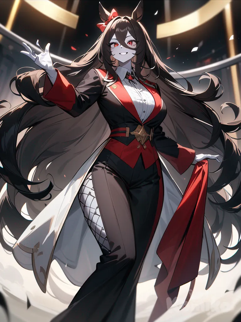 umamusume, Long black hair, knee-length hair, straight hair, silky hair, red eyes, sharp eyes, 190 cm tall, fair white skin, flirtatious personality, proud smile, villain, mature, tall female