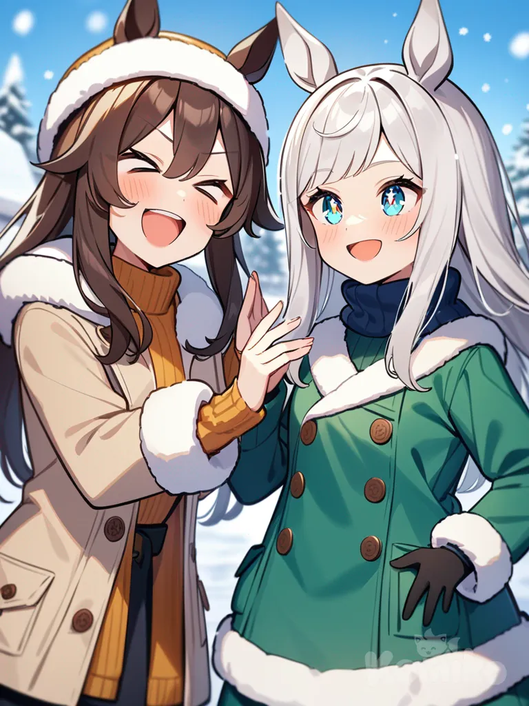 umamusume, Silver hair, straight hair, straight bangs, fair skin, aquamarine eyes, average height, 167 cm tall, dreamy eyes, mischievous smile, cheerful personality, outgoing, enthusiastic expression, wearing winter clothes, snow, determined expression, playful, laughing, sparkling eyes, long hair