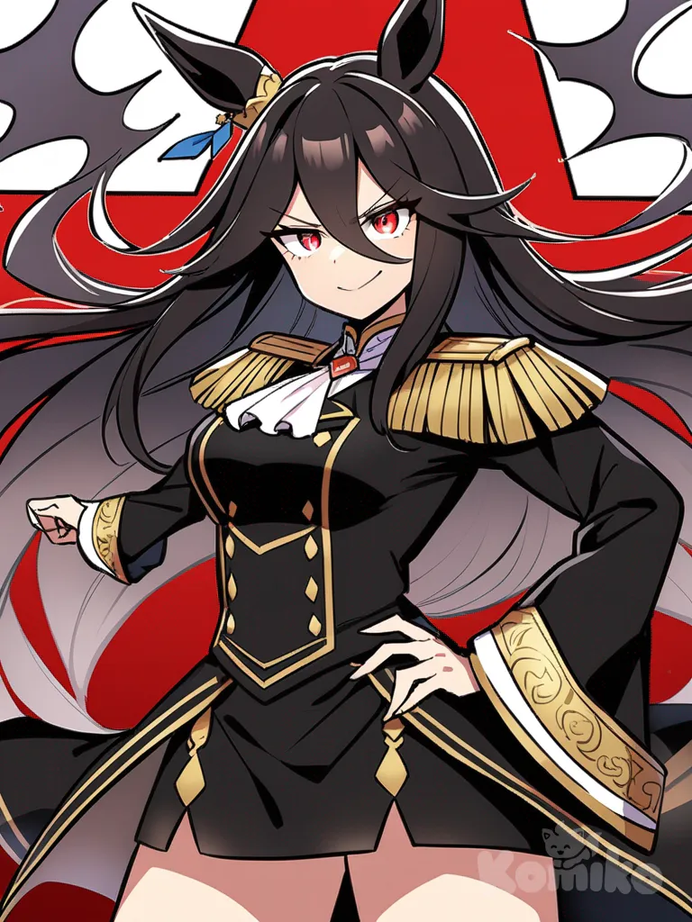 umamusume, Long black hair, knee-length hair, straight hair, silky hair, red eyes, sharp eyes, 190 centimeter tall, flirtatious personality, proud smile, villain, tall female, solo, determined look, competitive, proud, military clothing, short skirt, aristocratic clothing, black clothes, reddish strands, long bangs, dark aura