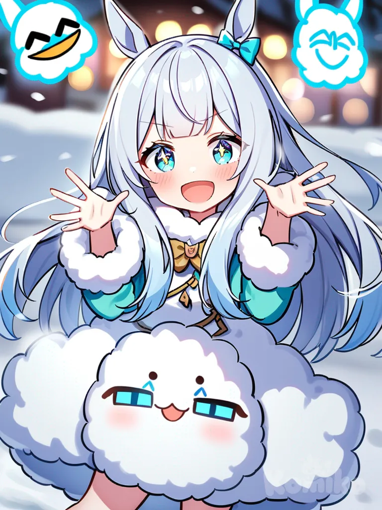 umamusume, Silver hair, straight hair, straight bangs, fair skin, aquamarine eyes, average height, 167 cm tall, dreamy eyes, mischievous smile, cheerful personality, outgoing, enthusiastic expression, snow, determined expression, playful, laughing, sparkling eyes, long hair, solo, light blue hair strands, fluffy outfit, short skirt, scarf, accessories for the hair, twenty years old, teenager
