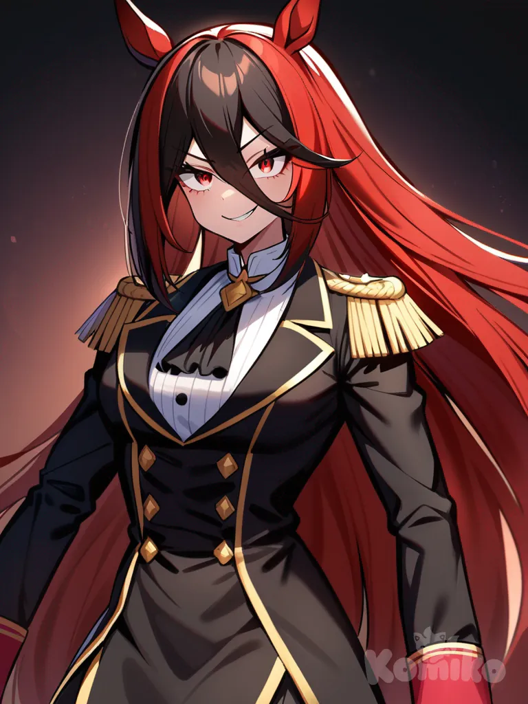 umamusume, Long black hair, knee-length hair, straight hair, silky hair, red eyes, sharp eyes, 190 centimeter tall, flirtatious personality, proud smile, villain, tall female, solo, determined look, competitive, proud, military clothing, short skirt, aristocratic clothing, black clothes, reddish strands, long bangs