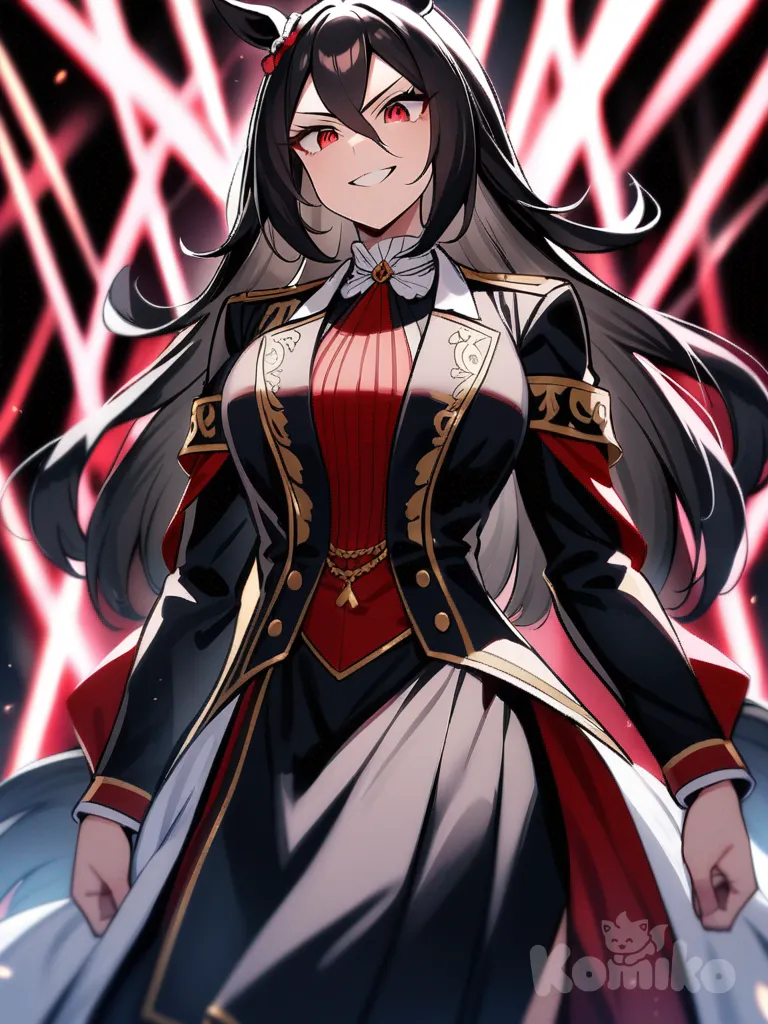 umamusume, Long black hair, knee-length hair, straight hair, silky hair, red eyes, sharp eyes, 190 centimeter tall, flirtatious personality, proud smile, villain, tall female, solo, determined look, competitive, proud, military clothing, short skirt, aristocratic clothing, black clothes, reddish strands, long bangs, dark aura