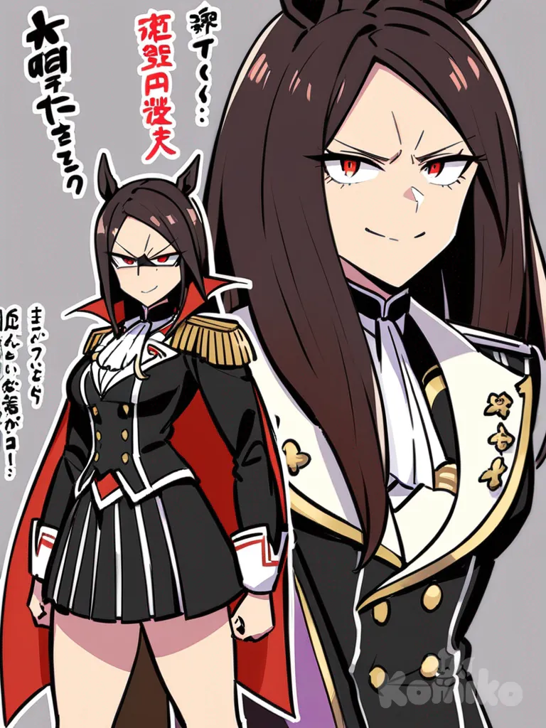 umamusume, Long black hair, knee-length hair, straight hair, silky hair, red eyes, sharp eyes, 190 centimeter tall, flirtatious personality, proud smile, villain, tall female, solo, determined look, competitive, proud, military clothing, short skirt, aristocratic clothing, black clothes, reddish strands, long bangs, dark aura