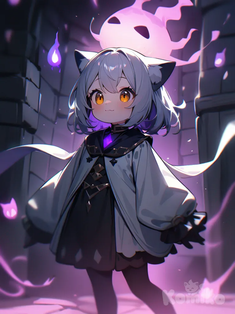 Will-o'-the-wisp, adorable, dungeon, cat face, purple fire, cute, playful, lively, monster, solo