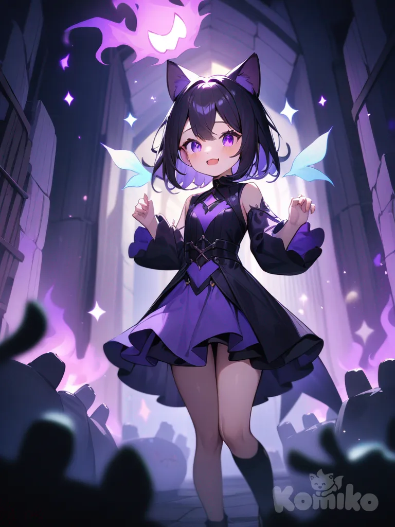 Will-o'-the-wisp, adorable, dungeon, cat face, purple fire, cute, playful, lively