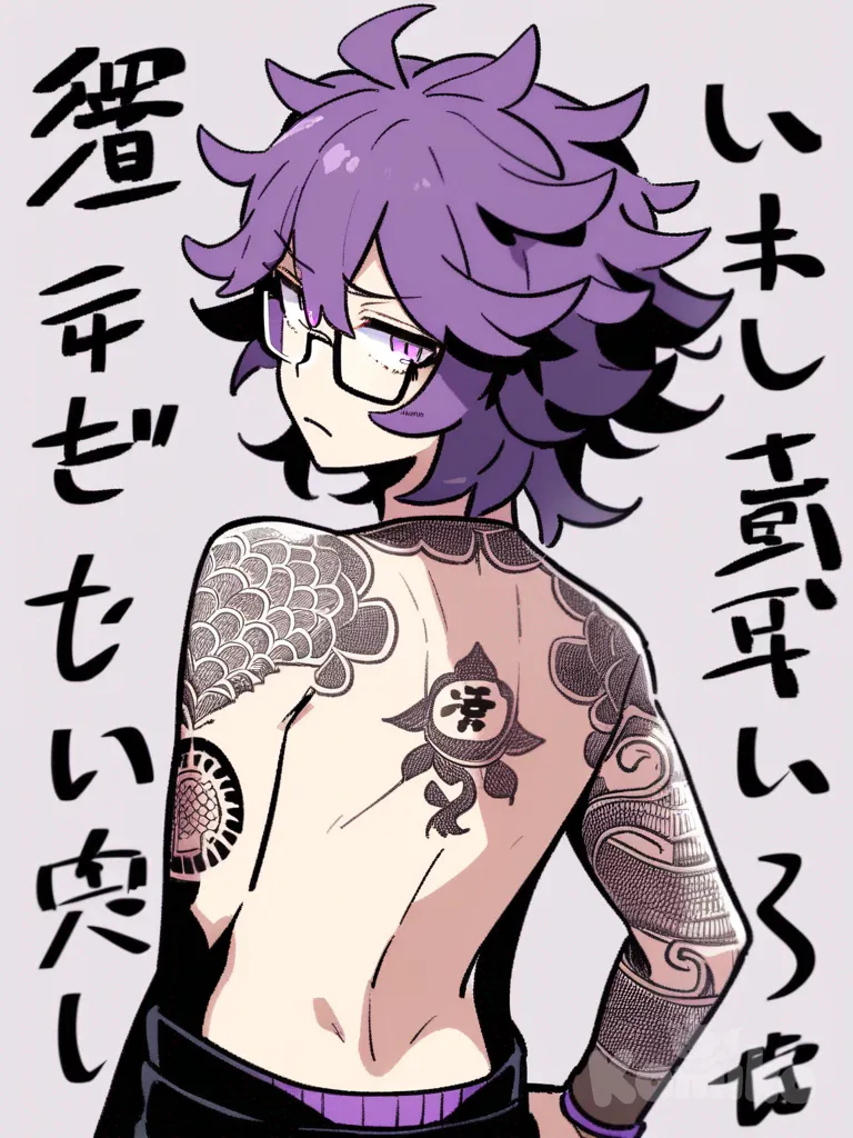 umamusume, Purple hair, short hair, fluffy hair, messy hair, light violet eyes, tired expression, relaxed expression, small mouth, dreamy eyes, square glasses, professional face, androgynous, flat chest, small breasts, 175 cm tall, average height, solo, 30 years old, yakuza, tattoo, back tattoo, back, dragon tattoo