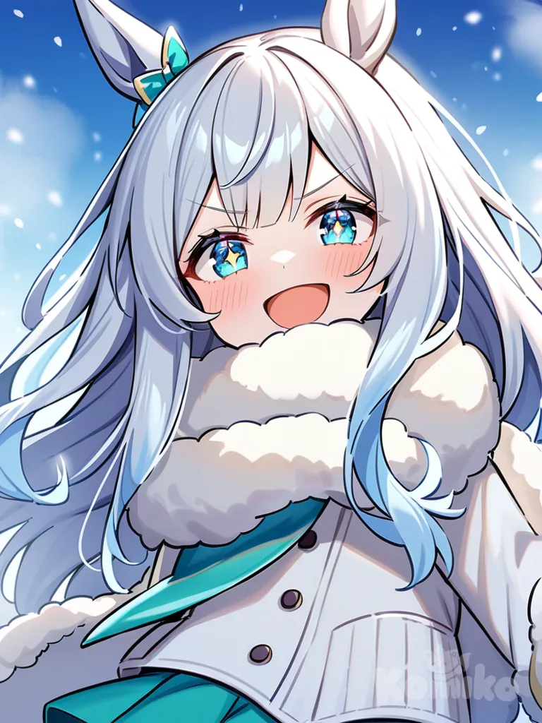 umamusume, white hair, straight hair, straight bangs, fair skin, aquamarine eyes, 175 cm tall, dreamy eyes, mischievous smile, snow, determined expression, laughing, sparkling eyes, long hair, light blue hair strands, short skirt, fluffy scarf, white clothe, tall girl, sky-blue strands, white strands, mature female, wedding dress, wedding, snow princes, ((Rice Shower (Umamusume))), 2people, kissing
