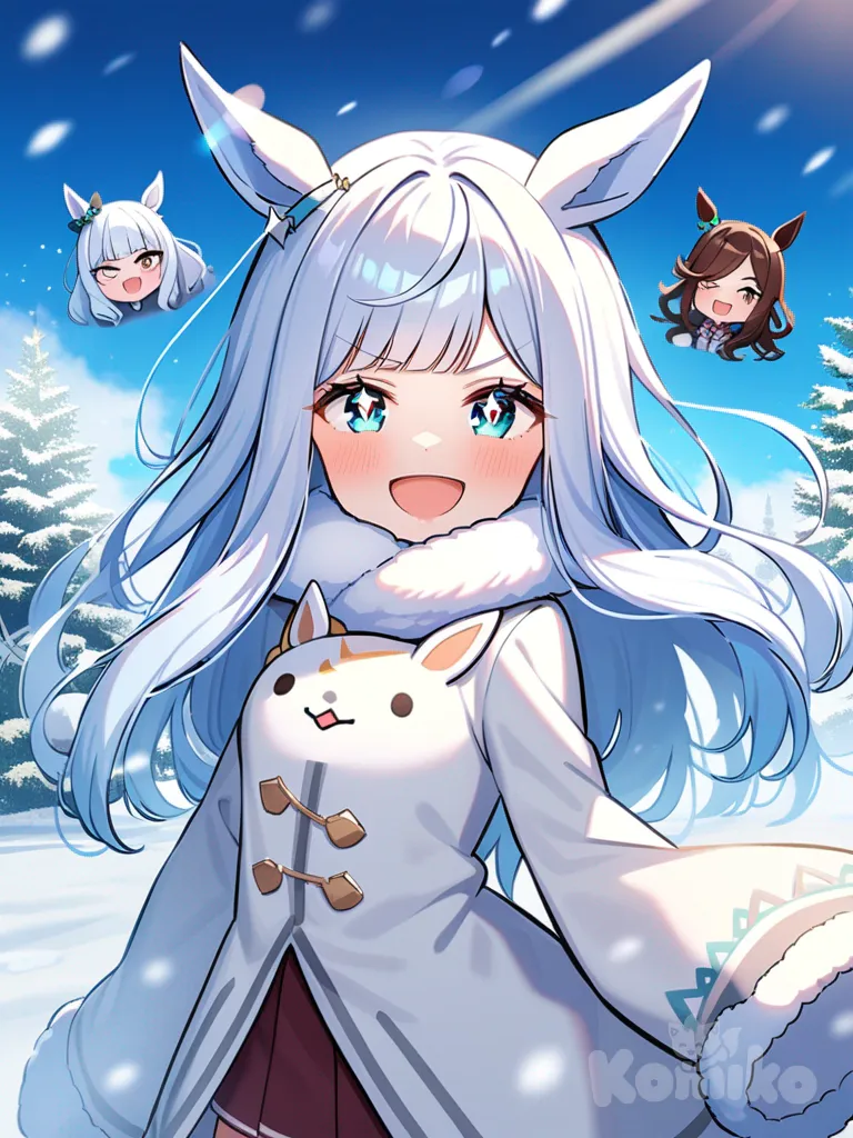 umamusume, white hair, straight hair, straight bangs, fair skin, aquamarine eyes, 175 cm tall, dreamy eyes, mischievous smile, snow, determined expression, laughing, sparkling eyes, long hair, light blue hair strands, short skirt, fluffy scarf, white clothe, tall girl, sky-blue strands, white strands, mature female, wedding dress, wedding, snow princes, Rice Shower (Umamusume), 2people, kissing