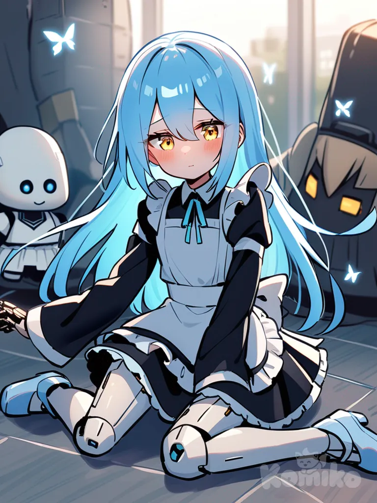 Doll, light blue hair, golden eyes, calm gaze, kuudere, golem girl, mecha girl, maid, helpful, long hair down to the heels, will-o'-the-wisp, blushing, in love, solo, android, androgynous, flat chest, short skirt, doll girl, hair that is floor-length