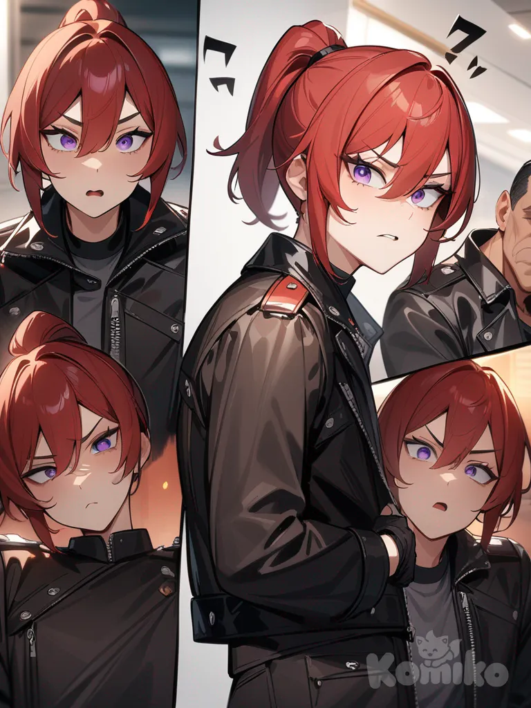 Red hair, short hair, biker jacket, violet eyes, sharp gaze, menacing gaze, tough, mature, sole, coach, ponytail, androgynous