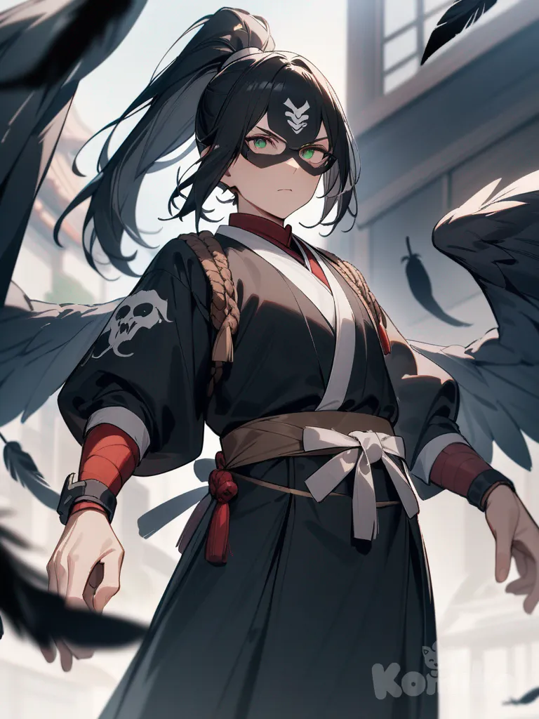 tengu-geta, tengu musume, black hair, ponytail, traditional youkai, emerald eyes, serious expression, straight glasses, mask, raven wings, black feathers, flat chest, flat, mature, tall girl