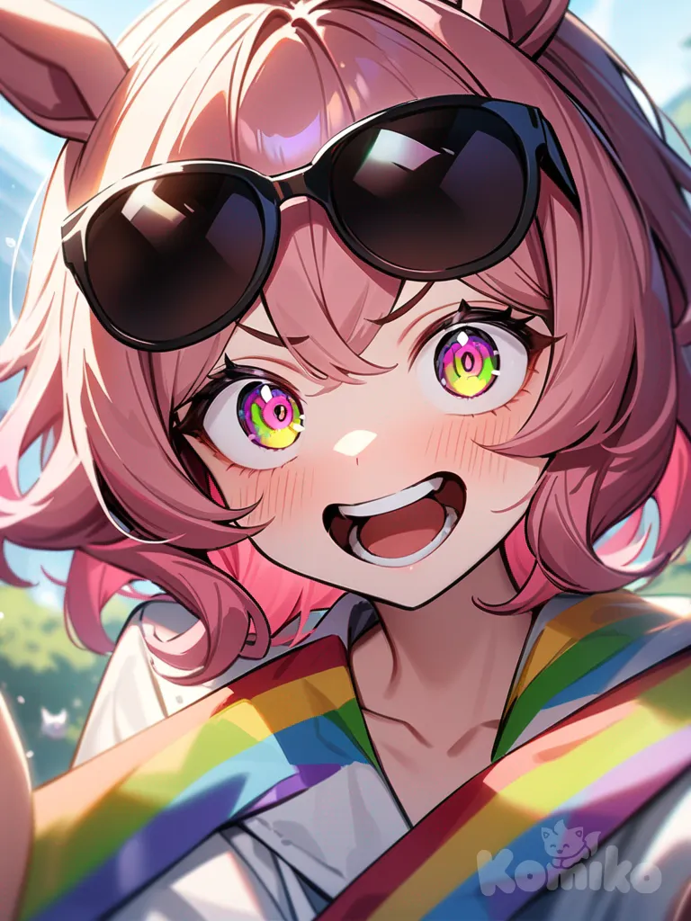 umamusume, pink hair, rainbow eyes, mischievous, intense look, sunglasses, happy, big eyes, crazy eyes