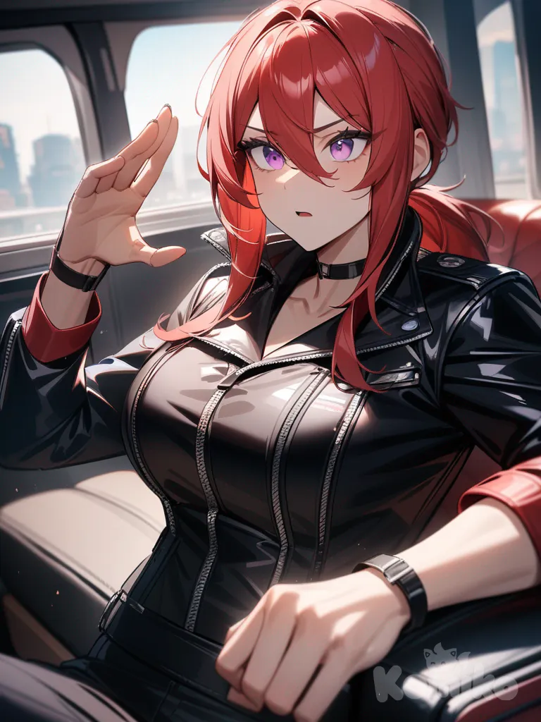Red hair, short hair, biker jacket, violet eyes, sharp gaze, menacing gaze, tough, mature, sole, coach, ponytail, androgynous, breasts, medium hair, long locks, long bangs