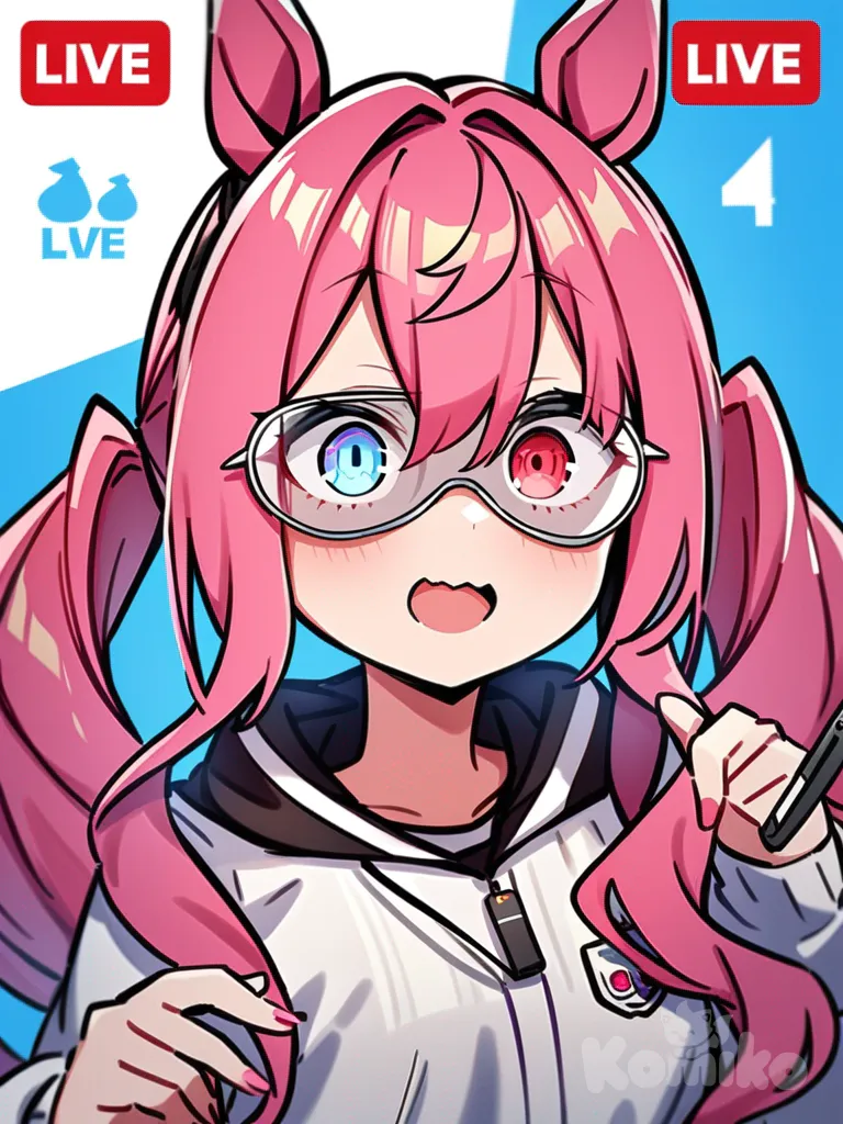 umamusume, pink hair, mischievous, intense look, happy, big eyes, crazy eyes, digital media player, livestream, heterochromia, blue eyes, bright pink hair, red eyes, multicolored hair, pigtails, very long hair, long bangs, silky hair, solo, virtual youtuber, aviator sunglasses