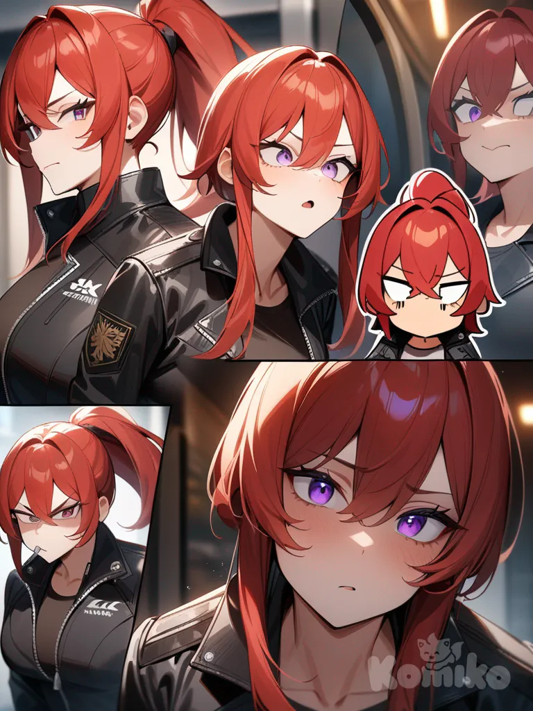 Red hair, short hair, biker jacket, violet eyes, sharp gaze, menacing gaze, tough, mature, sole, coach, ponytail, androgynous, breasts, medium hair, long locks, long bangs