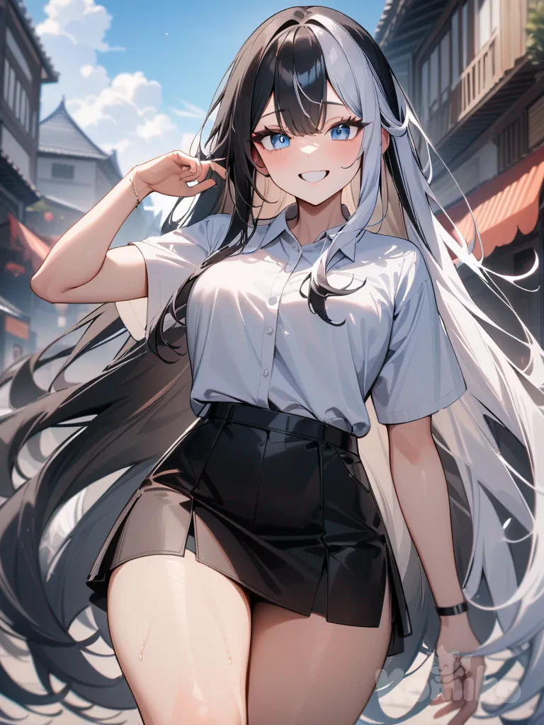 multicolored hair, very long hair, split-color hair, black hair, white hair, silky hair, long bangs, sky blue eyes, sparkling eyes, mischiebous smile, tall female, sharp eyes, short skirt