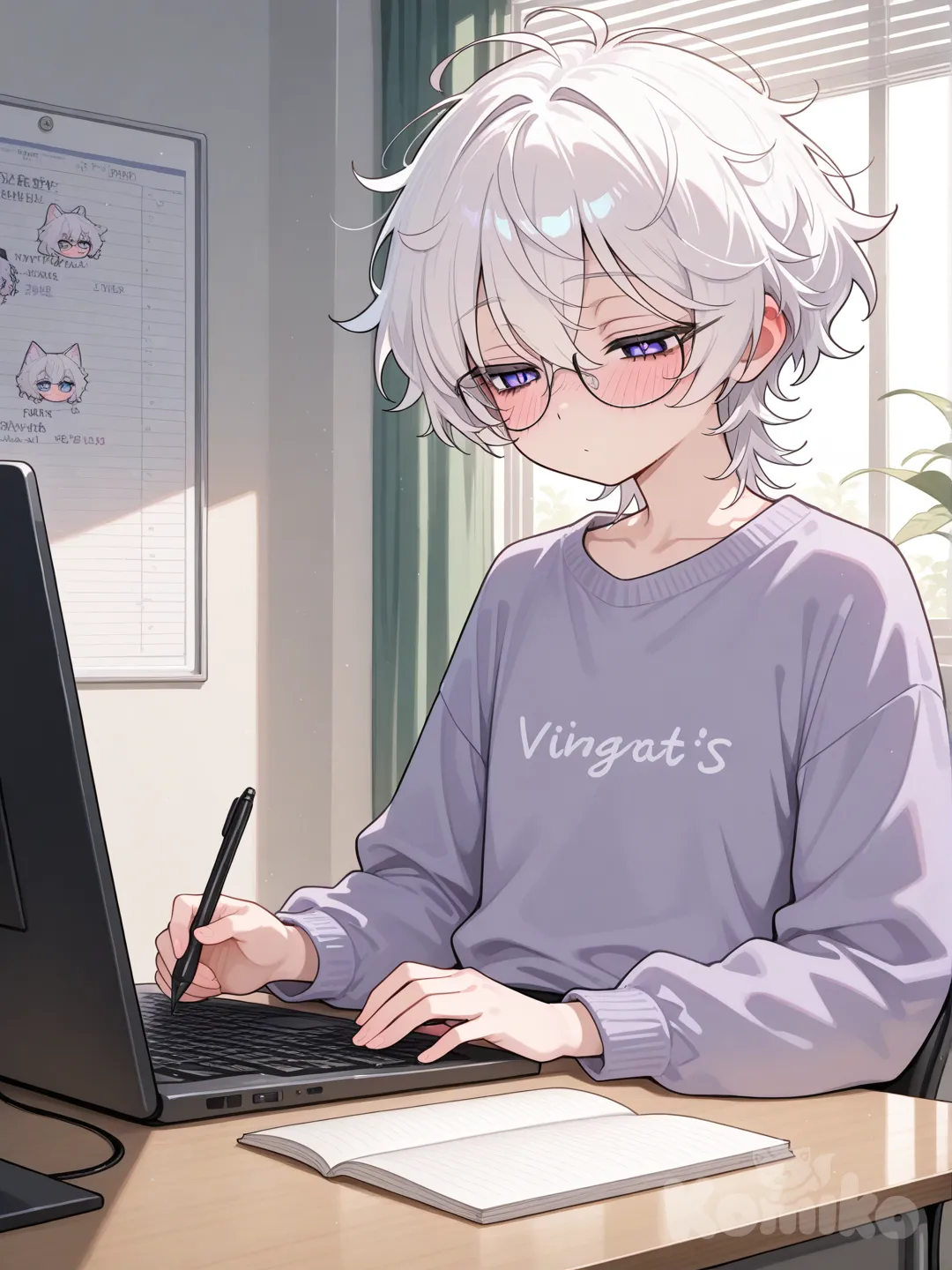 White hair, messy hair, short hair, violet eyes, lazy eyes, small mouth, cat mouth, blushing, glasses, flat chest, flat, androgynous, writing, typing, inspired