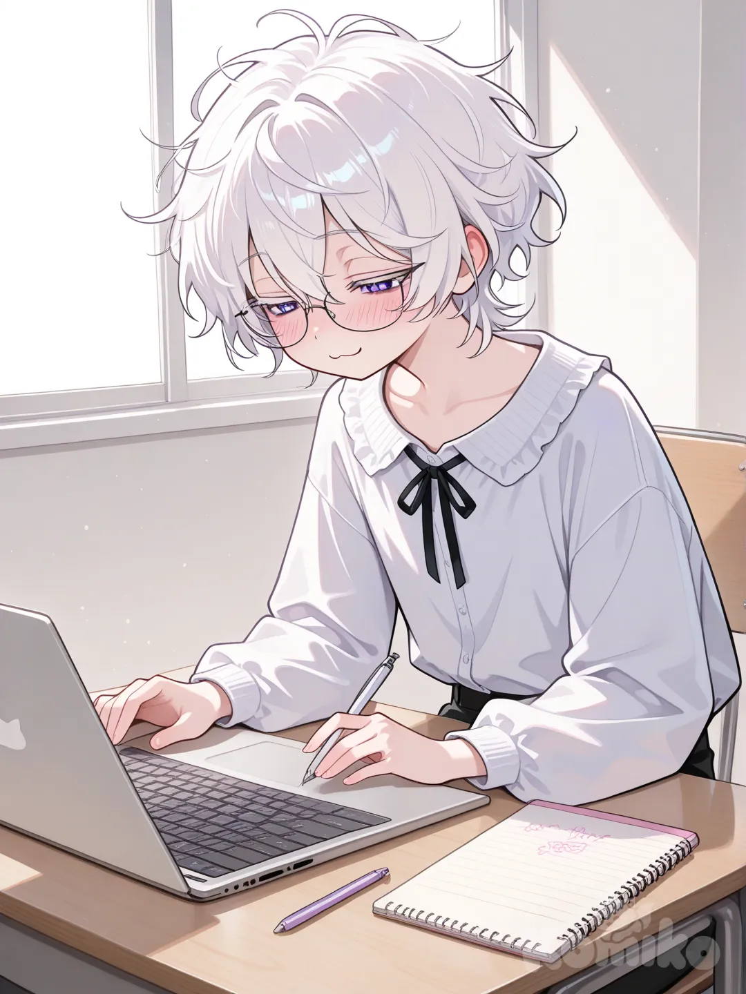 White hair, messy hair, short hair, violet eyes, lazy eyes, small mouth, cat mouth, blushing, glasses, flat chest, flat, androgynous, writing, typing, inspired