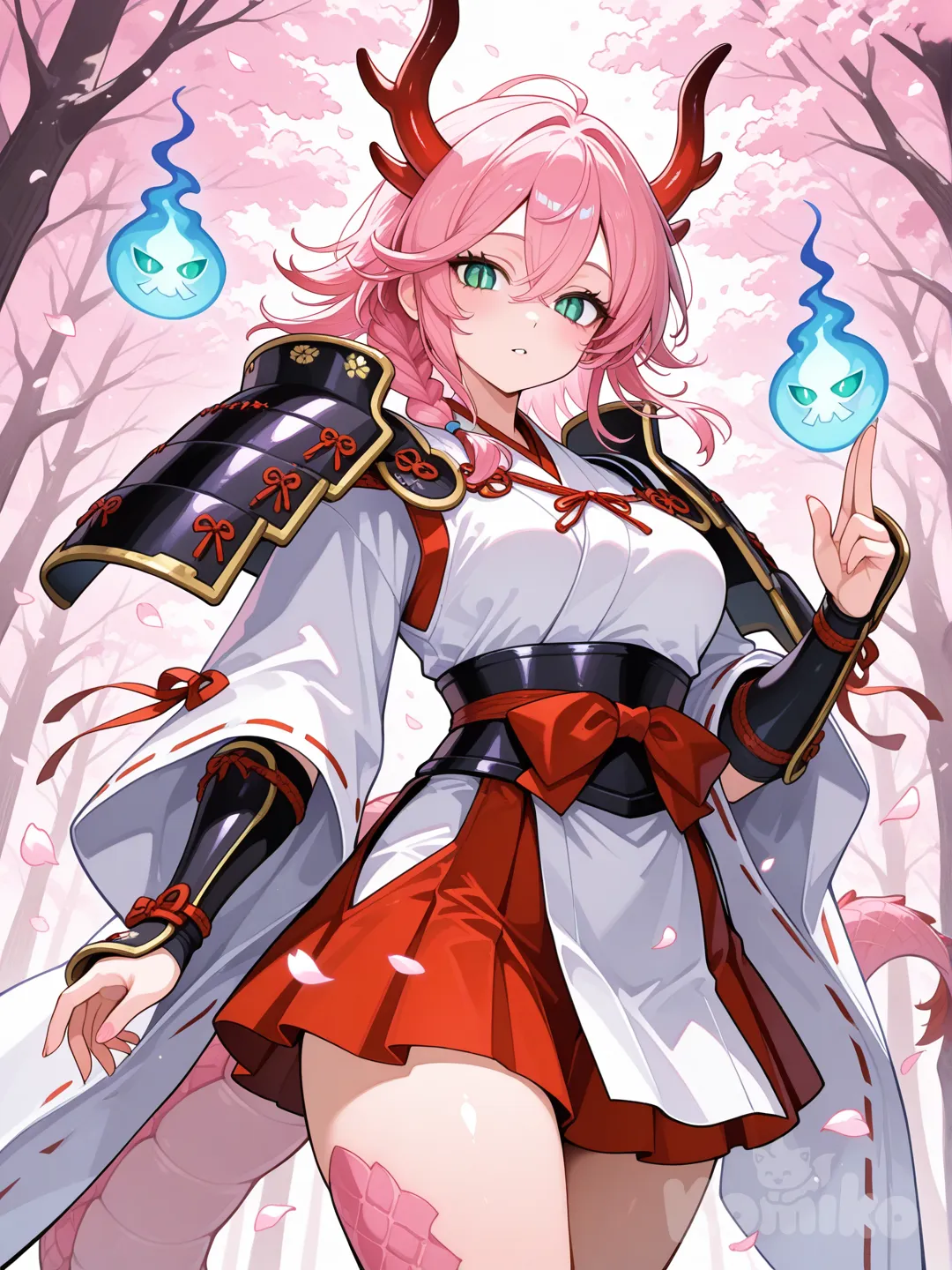 pink hair, medium hair, dragon horns, miko, nontraditional miko, petals, sakura petals, tree branches, will-o'-the-wisp, emerald eyes, spirit, samurai spirits, shikigami, short skirt, omnijutsu, talisman, pink scales, slit pupils, dragon tail, black samurai armor, single braid