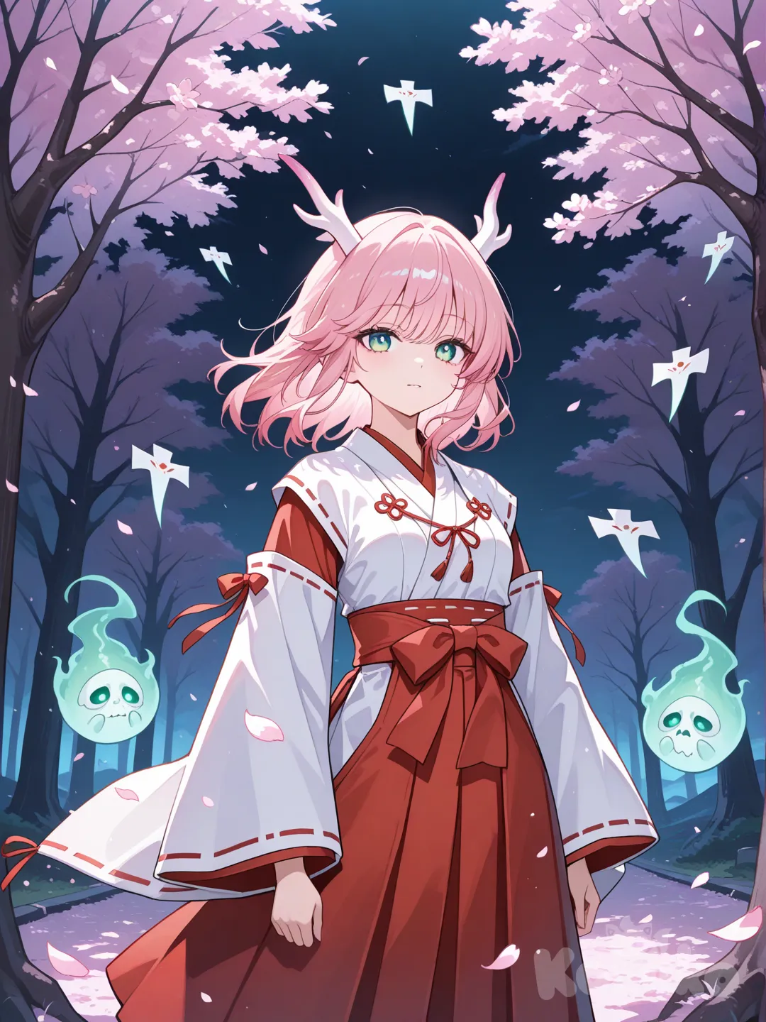 pink hair, medium hair, dragon horns, miko, nontraditional miko, sakura flower, petals, sakura petals, tree branches, will-o'-the-wisp, emerald eyes, spirit, samurai spirits, shikigami