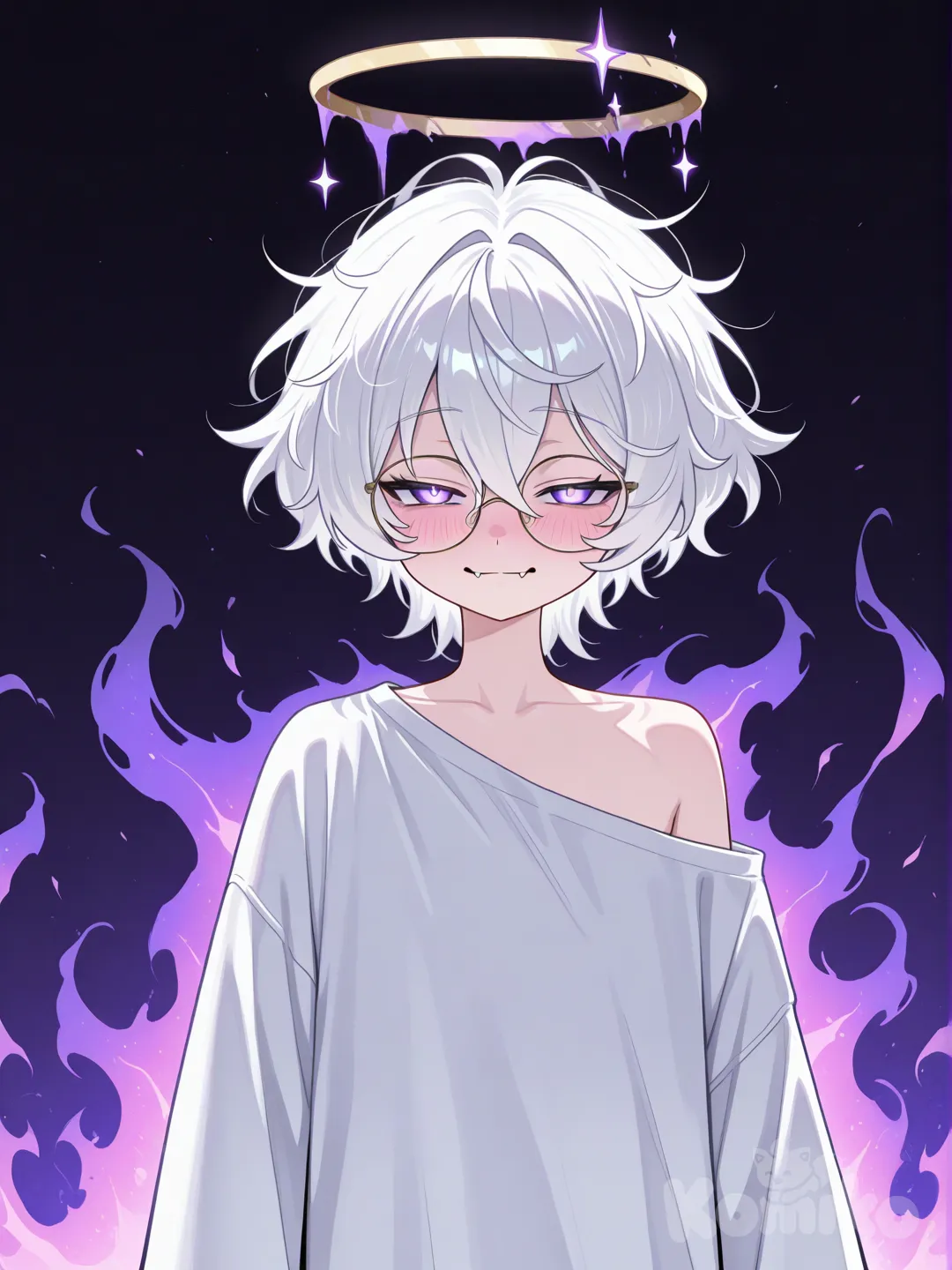 White hair, messy hair, short hair, violet eyes, lazy eyes, small mouth, cat mouth, blushing, glasses, flat chest, flat, androgynous, Loose clothing, comfortable, god, divinity