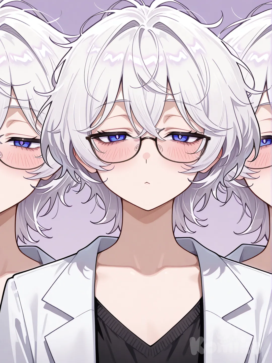 White hair, messy hair, short hair, violet eyes, lazy eyes, small mouth, cat mouth, blushing, glasses, flat chest, flat, androgynous, clone, lab coat, Loose clothing, comfortable, milf, mature female