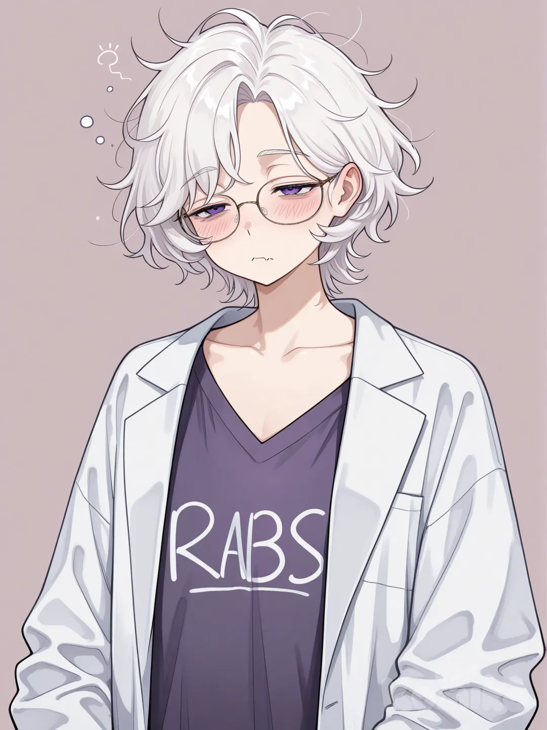 White hair, messy hair, short hair, violet eyes, lazy eyes, small mouth, cat mouth, blushing, glasses, flat chest, flat, androgynous, lab coat, Loose clothing, comfortable, milf, mature female