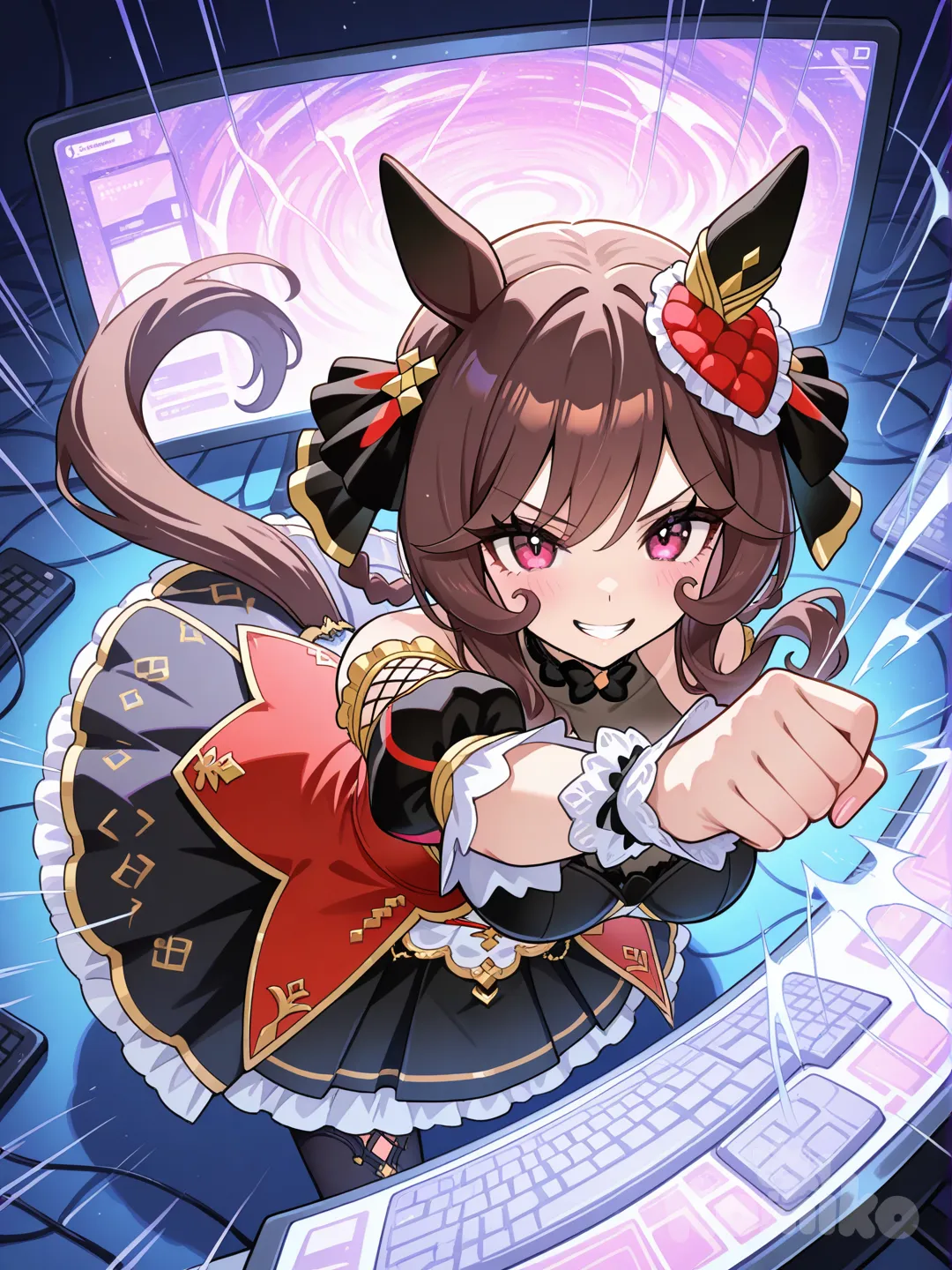 gentildonna (umamusume), hitting the internet, punching the internet, bending space, angry, smile