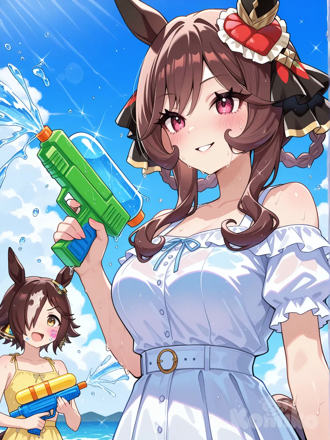 gentildonna (umamusume), vodka (umamusume), wetting the face, spray on the face, water gun, holding water gun