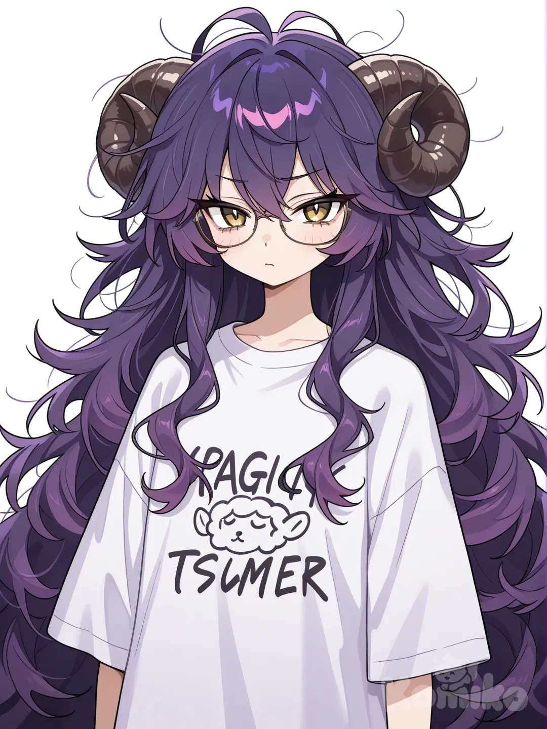 Flat-chested, golden eyes, sharp eyes, glasses, fluffy hair, messy hair, very long hair, purple hair, sheep horns, static electricity in hair, baggy shirt, gamer, vtuber