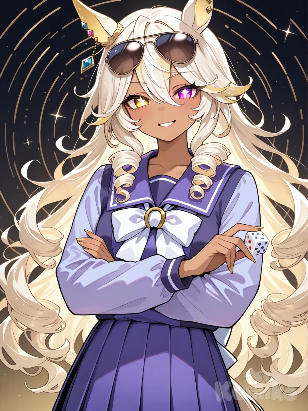 umamusume, blonde hair, curly hair, very long hair, starry pupils, gyaru, sunglasses, aviator glasses, golden eyes, spiral hair, white streaks, tracen school uniform, dice