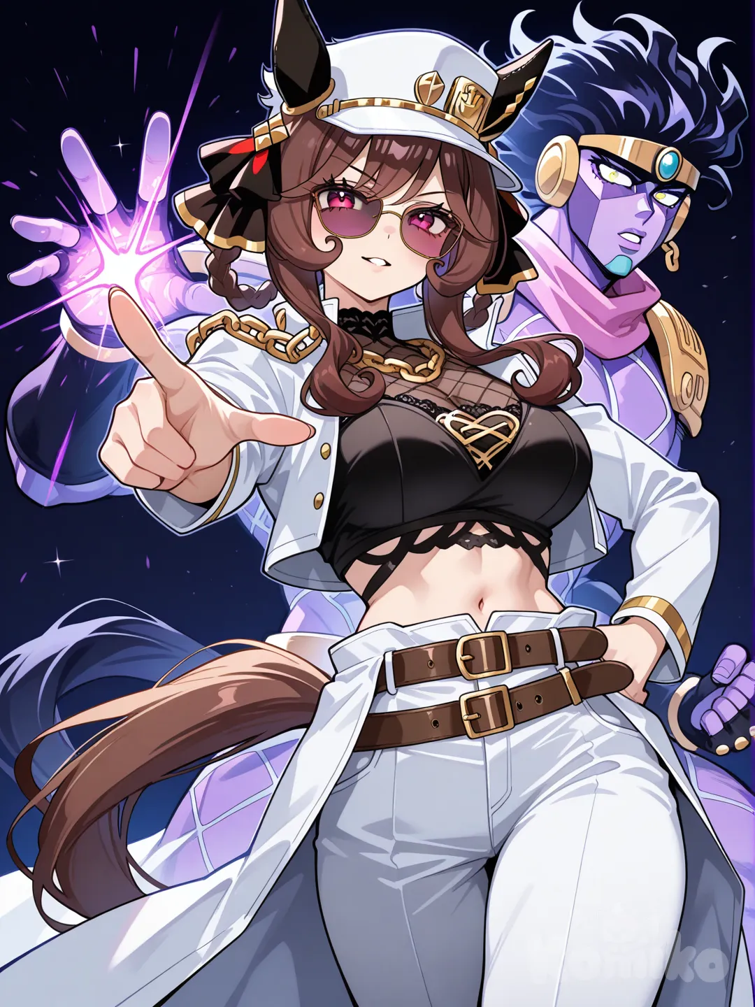 gentildonna (umamusume), stand (jojo), jojo pose, kujo jotaro cosplay, kujo jotaro outfit, star platinum
