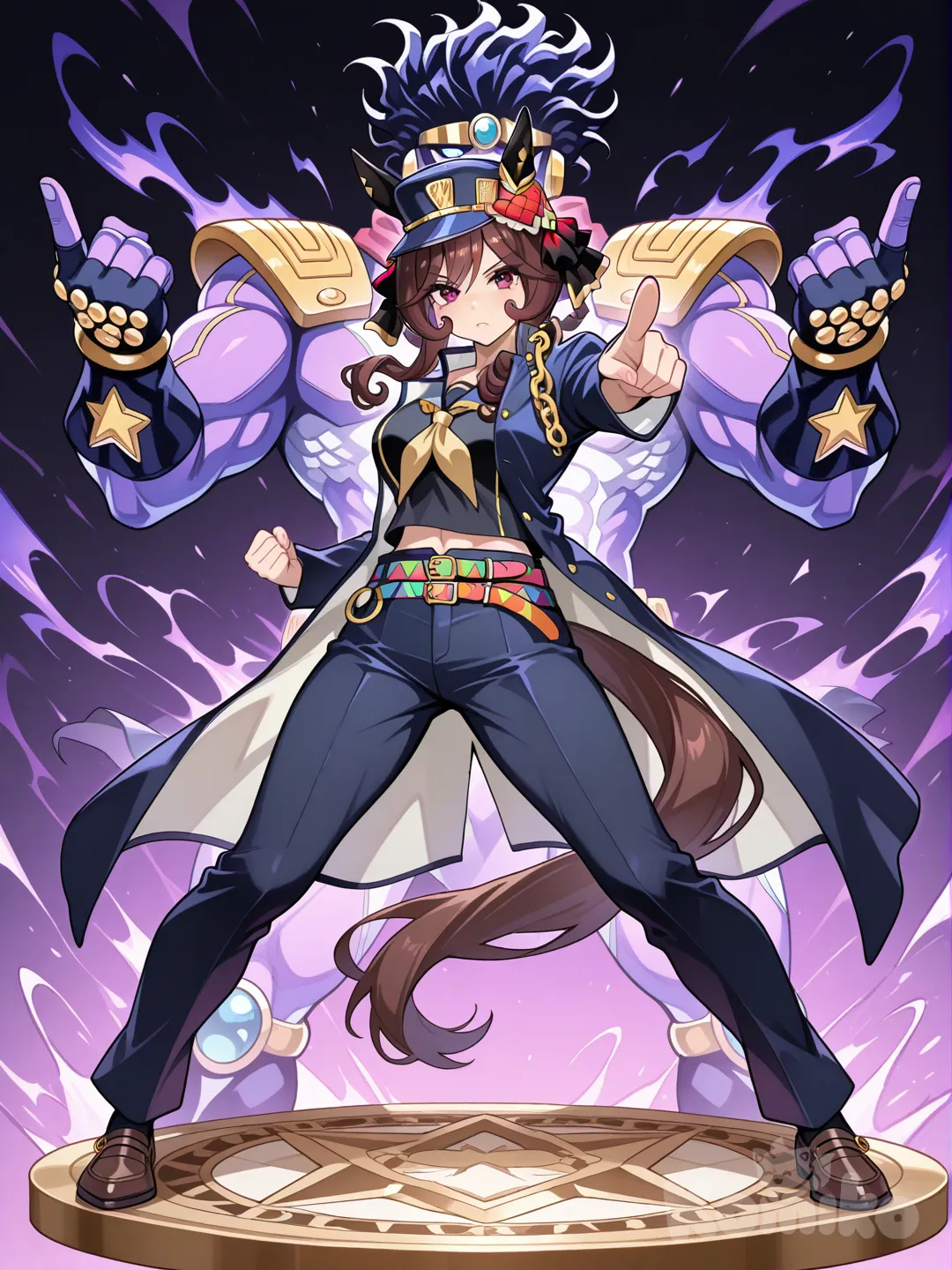 gentildonna (umamusume), stand (jojo), jojo pose, kujo jotaro cosplay, kujo jotaro outfit, star platinum