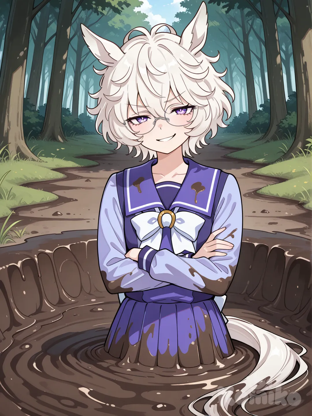White hair, messy hair, short hair, violet eyes, lazy eyes, small mouth, glasses, flat chest, flat, androgynous, umamusume, tracen school uniform, 1girl, horse tail, fluffy hair, tall female, mature female, Sinking in the mud, arms crossed, determined gaze, confident, mischievous smile, forest, mud, Mud stains