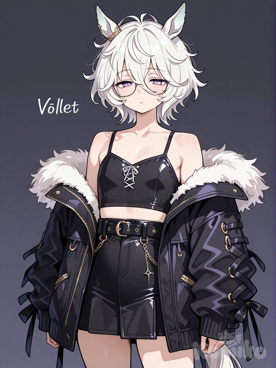 White hair, messy hair, short hair, glasses, violet eyes, lazy eyes, small mouth, flat chest, flat, androgynous, umamusume, 1girl, horse tail, horse ears, fluffy hair, tall female, mature female, long bangs, loose clothes, loose jacket, fluffy clothes, short skirt, huge jacket, open jacket, black clothes, exposed shoulders