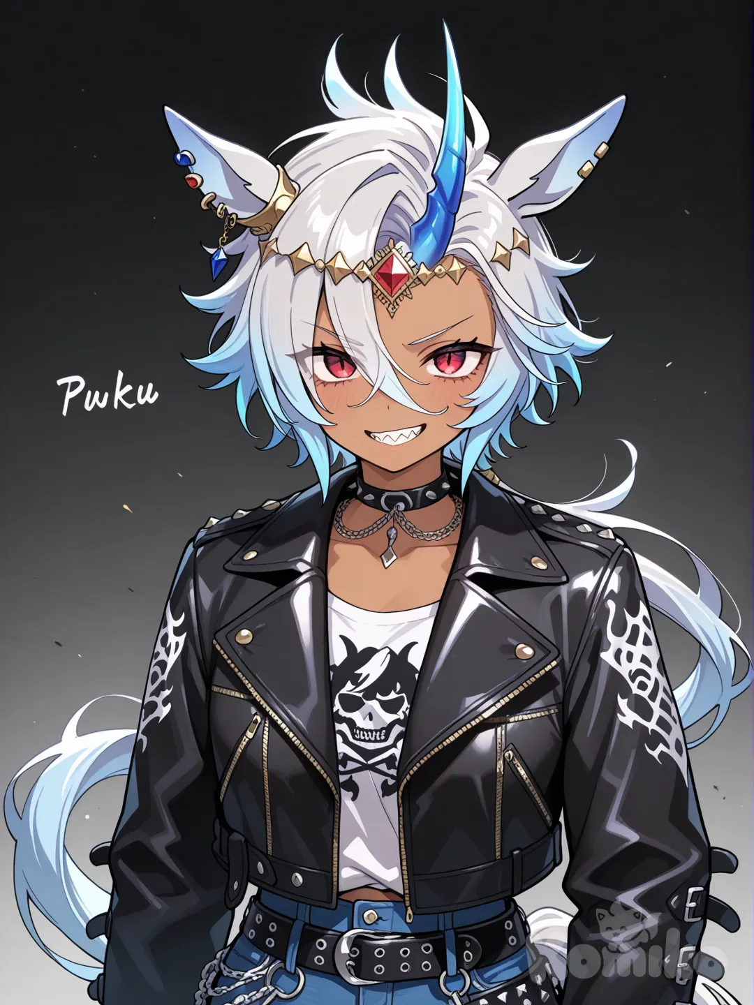 umamusume, horse ears, horse tail, 1girl, single horn, red eyes, silver hair, spiky hair, short hair, dark skin, sharp gaze, light blue streaks, diadem, blue horn, long bangs, very long sideburns, sharp teeth, very long low ponytail, low ponytail, punk outfit