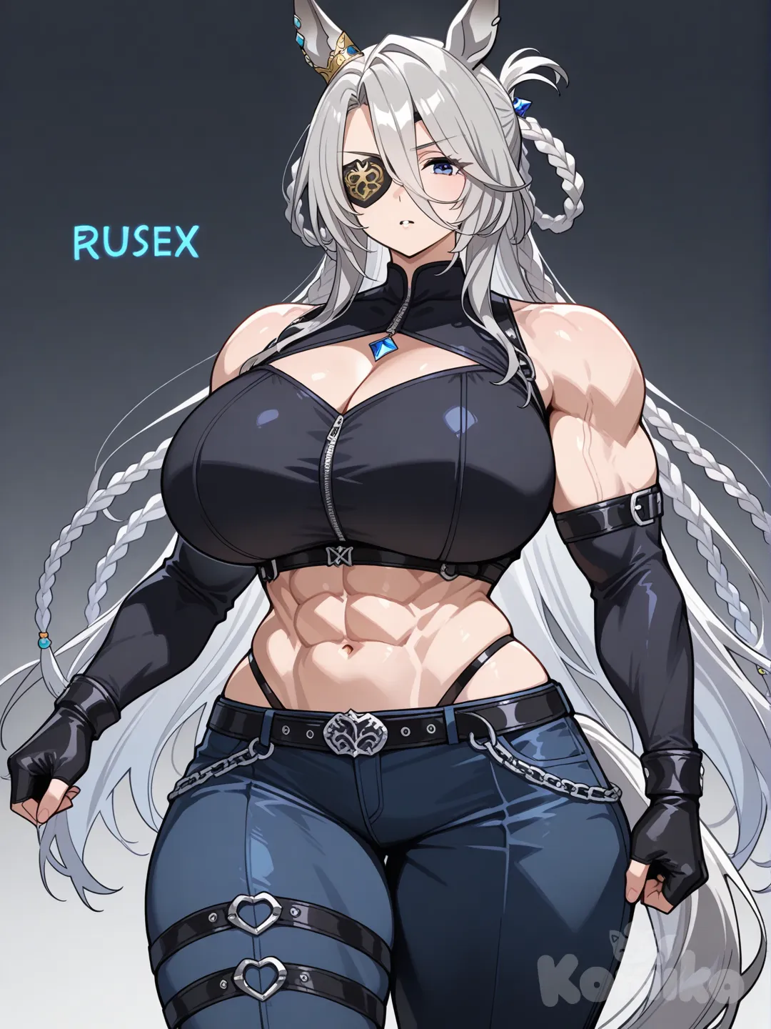 braid, multiple braids, ring in braids, very long hair, 1girl, very tall female, umamusume, horse tail, horse ears, grey hair, long bangs, very long sideburns, dark blue eyes, eye patch, mature female, nordic, runes, huge breasts, muscular female