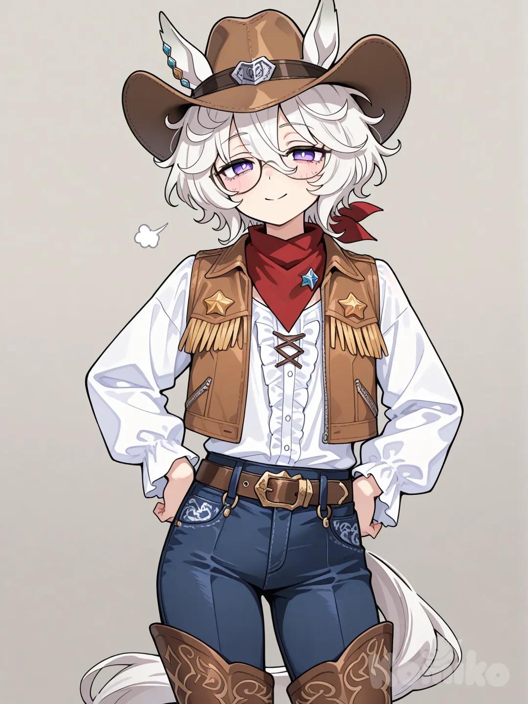 White hair, messy hair, short hair, violet eyes, lazy eyes, small mouth, glasses, flat chest, flat, androgynous, umamusume, horse tail, fluffy hair, tall female, horse ears, 1girl, cowboy hat, cowboy boots, cowboy shot, cowboy cosplay