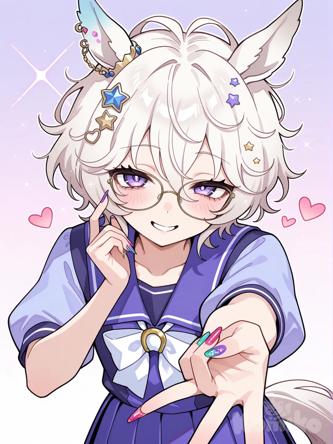 White hair, messy hair, short hair, violet eyes, lazy eyes, small mouth, glasses, flat chest, flat, androgynous, umamusume, horse tail, fluffy hair, tall female, horse ears, 1girl, gyaru, gyaru v, hair accessories, star accessories, heart accessories, tracen school uniform, long nails, winking, colorful nails