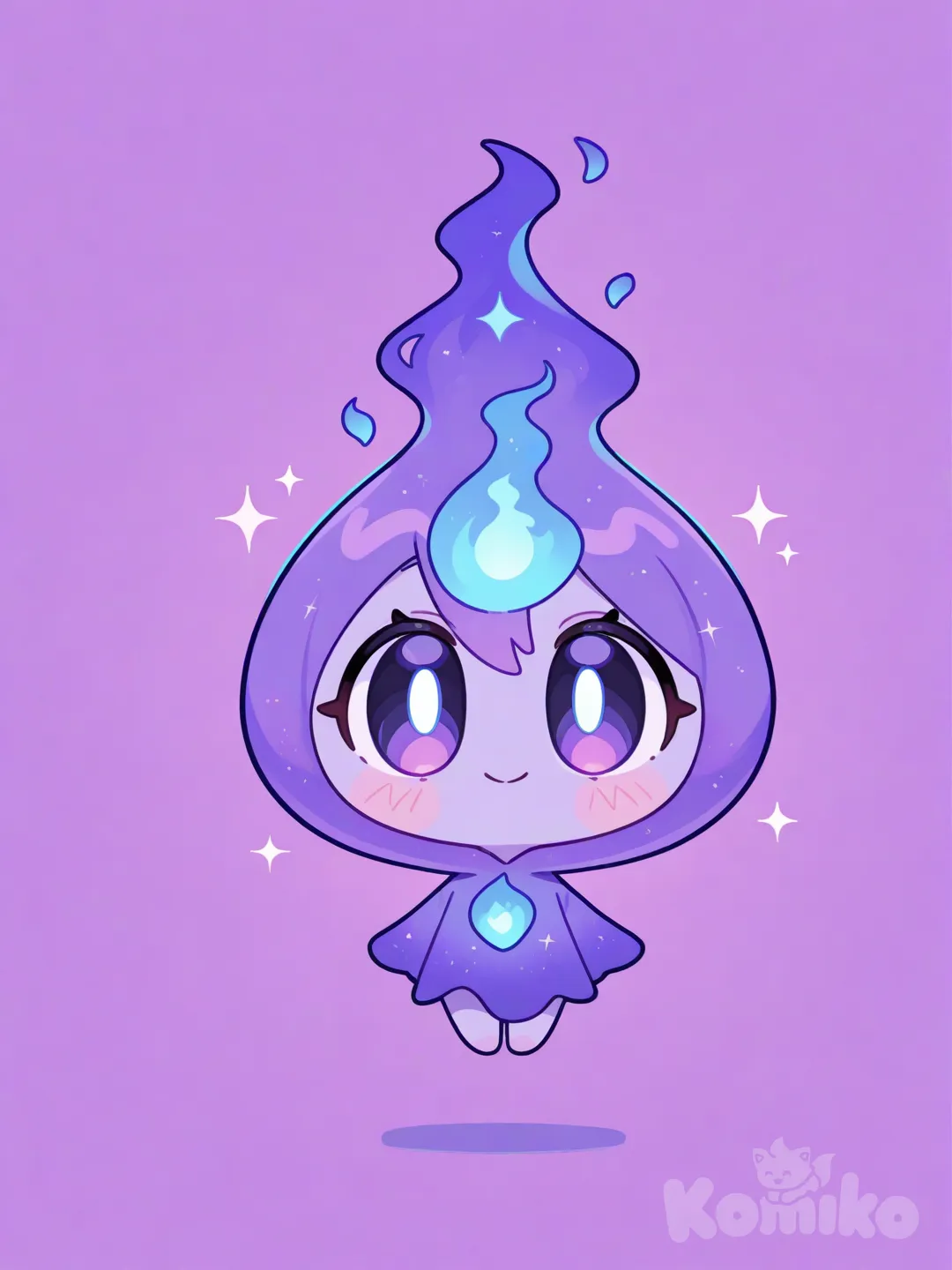 will-o'-the-wisp, violet fire, adorable face, chibi, spirit