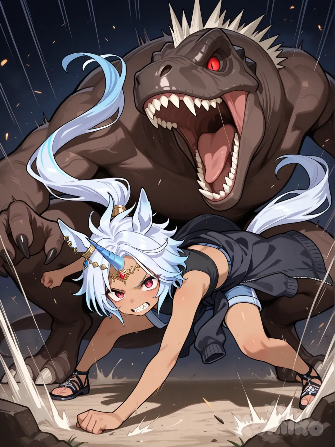 umamusume, horse ears, horse tail, 1girl, single horn, red eyes, diadem, silver hair, spiky hair, short hair, dark skin, sharp gaze, light blue streaks, blue horn, long bangs, very long sideburns, sharp teeth, very long low ponytail, low ponytail, sleeveless shirt, jacket around waist, navel, shorts, black shirt, black jacket, sandals, fighting, dinosaur, roar, bite