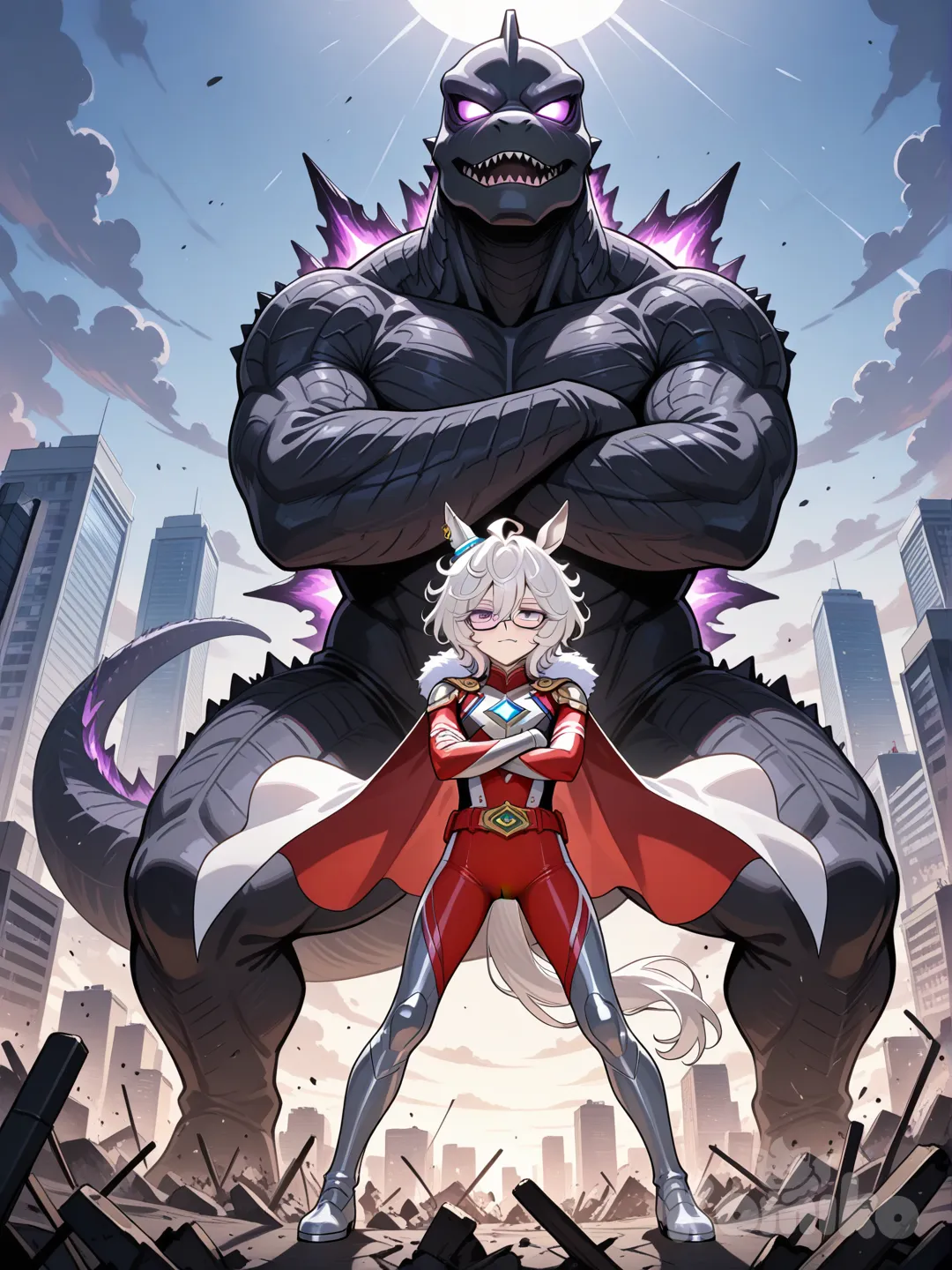 White hair, messy hair, short hair, violet eyes, lazy eyes, small mouth, glasses, flat chest, flat, androgynous, umamusume, horse tail, fluffy hair, tall female, horse ears, 1girl, ultraman, kaiju, fighting, cape, godzilla, crossed arms