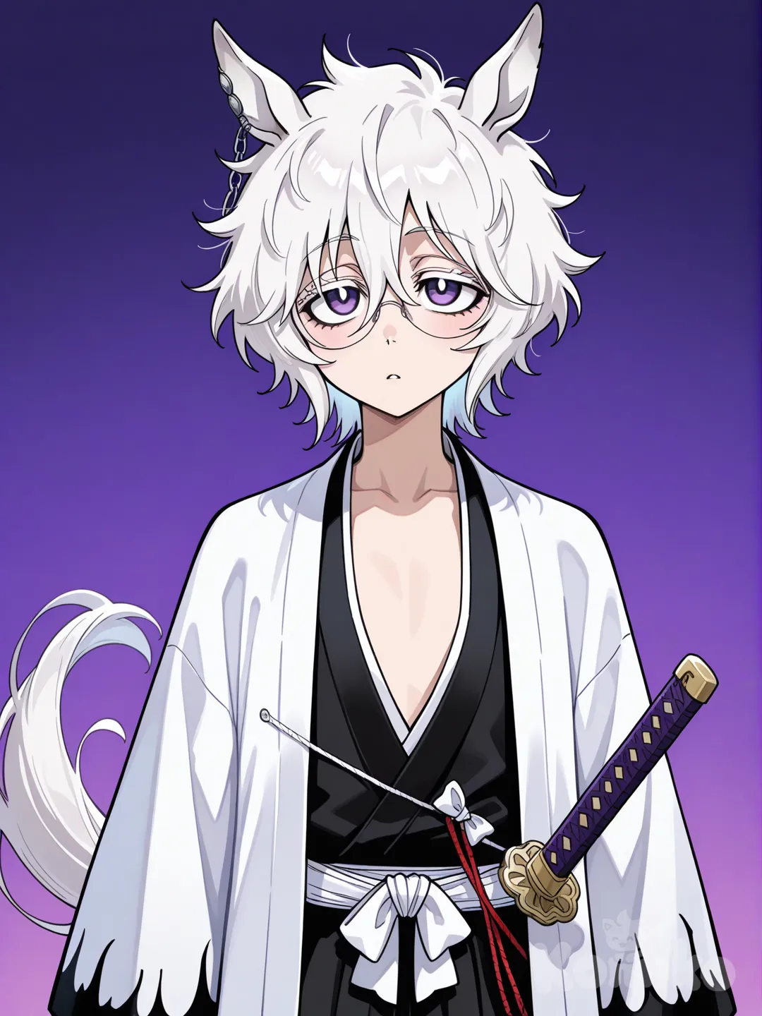 White hair, messy hair, short hair, violet eyes, lazy eyes, small mouth, glasses, flat chest, flat, androgynous, umamusume, horse tail, fluffy hair, tall female, horse ears, 1girl, kurosaki ichigo (cosplay), haori, katana, bleach