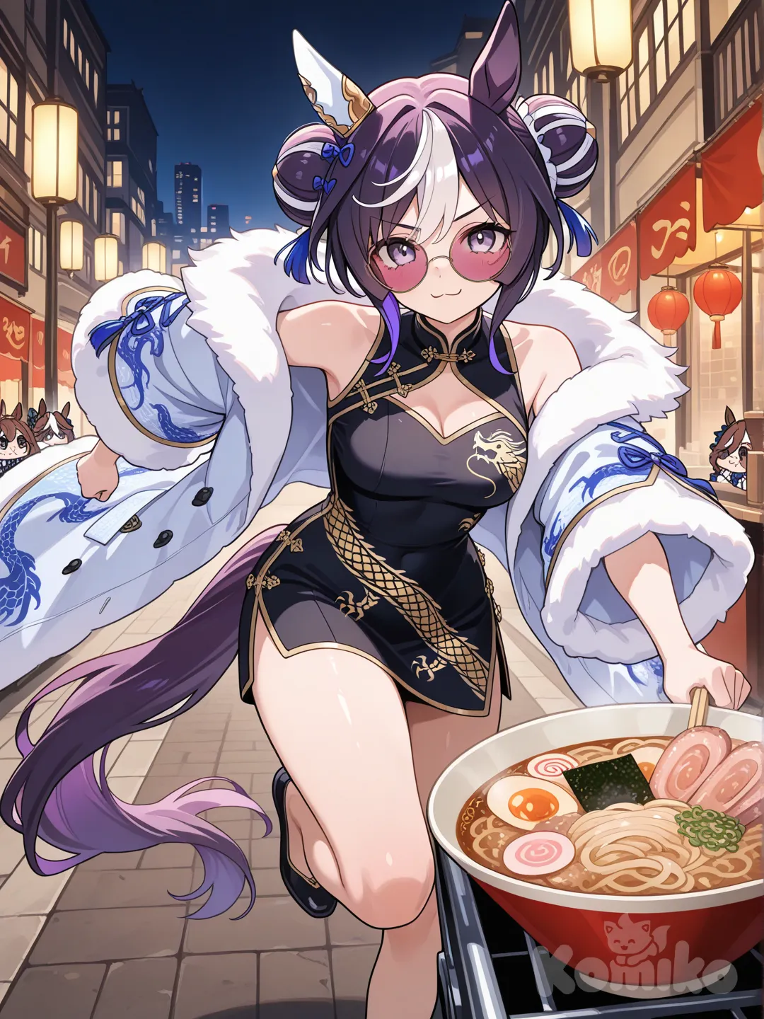 tinted eyewear, round eyewear, horse ears, horse tail, umamusume, double bun, very huge double bun, purple hair, short hair, white streaks, multicolored hair, two-tone hair, chinese clothes, short skirt, dragon print, :3, sharp gaze, sharp eyes, grey eyes, fur coat, coat, open coat, coat hanging from the elbows, fluffy coat, huge coat, exposed shoulders, white coat, medium breasts, pulling a ramen cart, selling ramen, ramen, running down the street, at night, chibi
