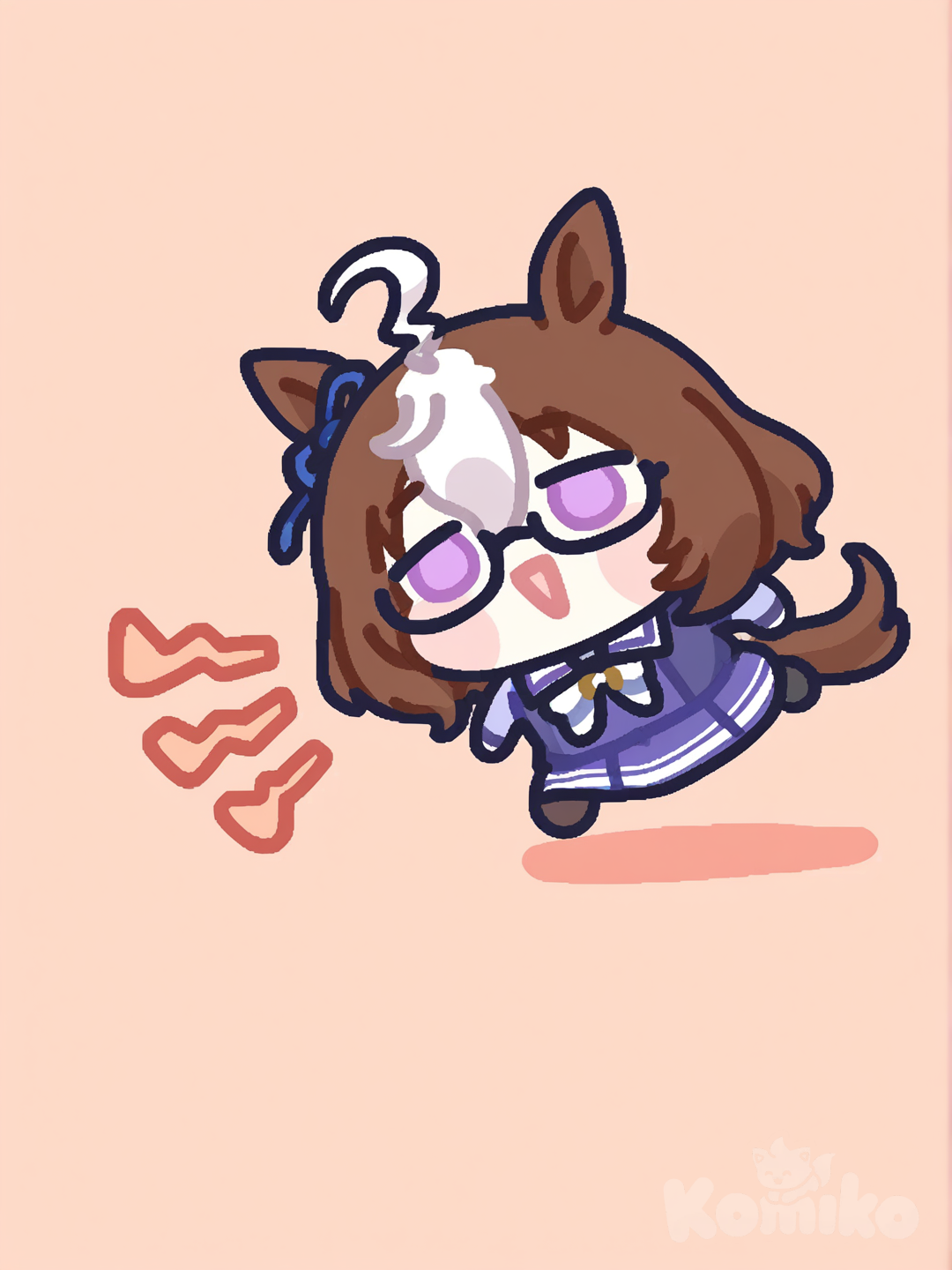 White hair, messy hair, short hair, violet eyes, lazy eyes, small mouth, glasses, flat chest, flat, androgynous, umamusume, horse tail, fluffy hair, tall female, mature female, horse ears, tracen school uniform, [flat-outline-chibi-style], meisho doto (umamusume), 2girls, bouncing