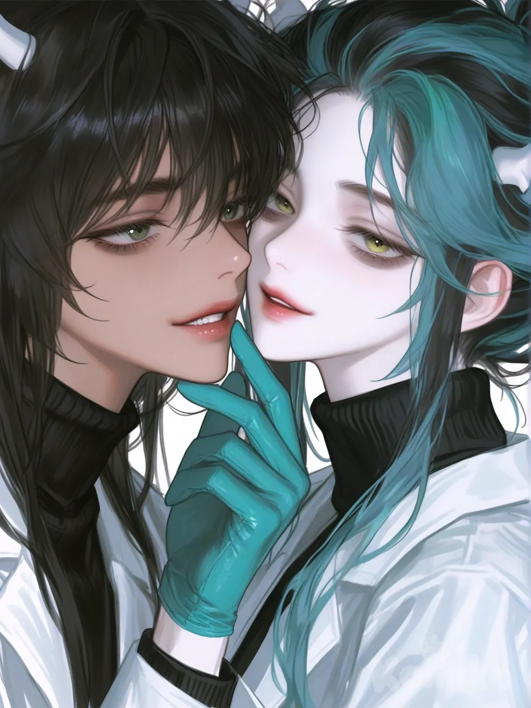 Recreate the reference image, same pose as reference image, recreate pose from the reference image, change reference image style, change reference characters, colored drawing, girl on the left, mad scientist, messy hair tied back, teal and black colored hair, sharp green eyes, tired eyes, pale skin, evil grin, white lab coat, formal clothes, black turtleneck shirt, teal coloured gloves. Girl on right, long blue hair, dark tan skin, small white horns, drooping deer ears, long sleeve blue dress, sharp yellow eyes, [semi-realistic-portrait-style], upper body, looking at eachother, looking away from viewer, side profile photo, white background, 1000023201